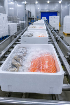Seafood boxes on chilled processing line with crushed ice