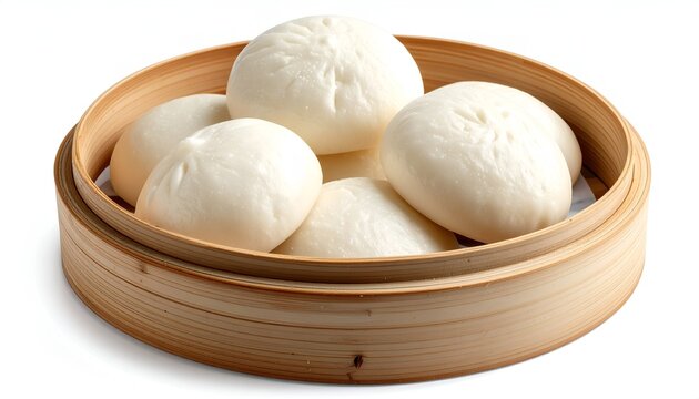 Soft fluffy white steamed bao buns resting gracefully inside a traditional wooden bamboo steamer basket