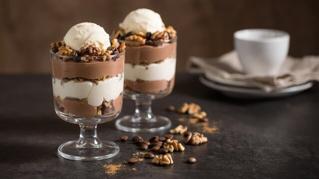 Chocolate mousse parfait with vanilla ice cream and walnuts