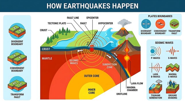 Diagram of tectonic plate movements and seismic activity of earthquakes
