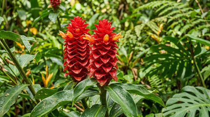 Obraz premium Two vibrant red ginger flowers bloom in a lush tropical rainforest