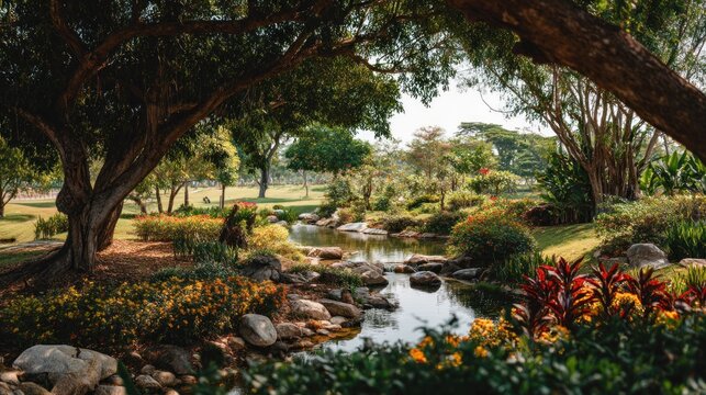 A tranquil garden with a babbling brook and lush greenery.