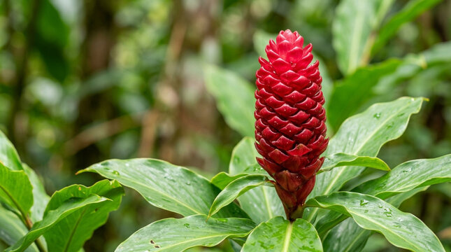 Vibrant red ginger flower blooming in lush green foliage, tropical plant close-up