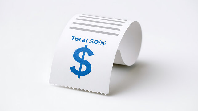 A curled white paper receipt with a bold blue dollar sign and "Total $0/%" text, symbolizing zero cost, free, or no charge on a clean white background