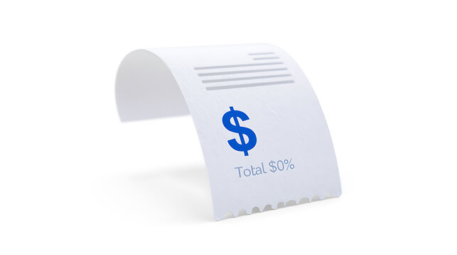 Minimalist White Paper Receipt Illustrates Zero Cost or Free Service with Dollar Symbol, Representing Savings and Financial Benefits