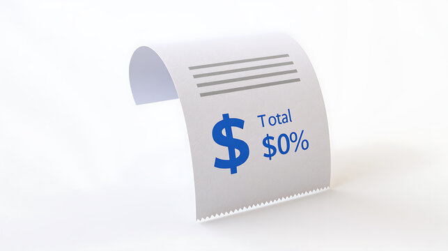A crisp white receipt unfurls with a prominent blue dollar sign and "Total $0%" text, symbolizing zero cost, free deals, or no-charge transactions