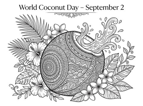 Tropical coconut mandala coloring page with splashing water and flowers