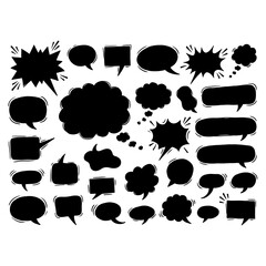 Fototapeta premium Detailed assortment of comic speech bubbles and thought clouds in black silhouette for creative graphic design and visual storytelling elements on white background