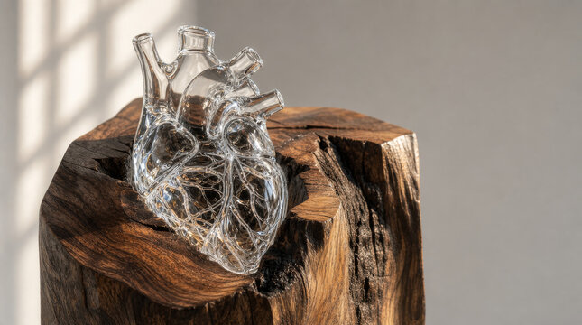 Transparent crystal glass heart sculpture resting on a rustic wooden base