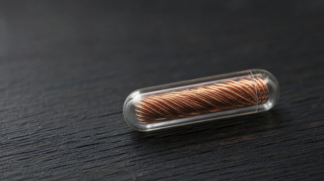 Microscopic view of a coiled copper wire inside a glass capsule on a dark surface
