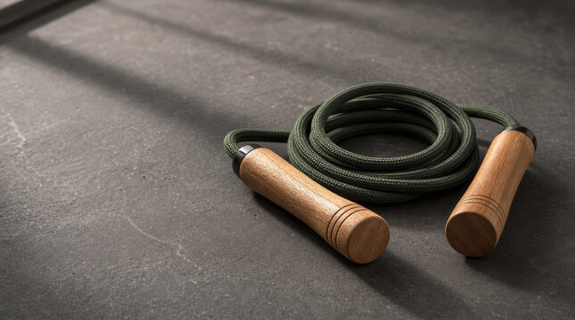 Dark green athletic jump rope with natural wood handles on a textured dark surface