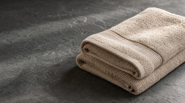 Folded beige cotton gym towel resting on a dark textured surface