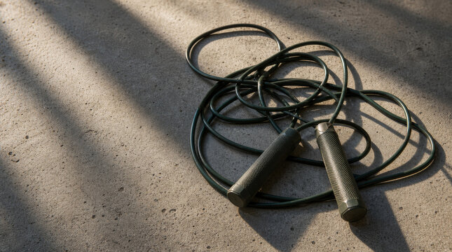 Dark green jump rope lying loosely on a textured concrete surface