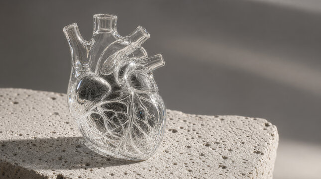 Transparent glass human heart sculpture on textured stone surface