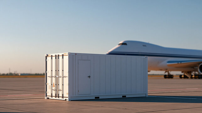 An atmospheric cinematic wide shot of airport cold chain logistics. Wide shot showing a pristine temperature-controlled frozen cargo unit standing prominently on a clean tarmac, fr