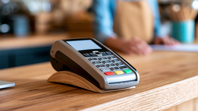 Close-up view of modern digital payment terminal machine on wooden retail store counter, seamless customer financial transaction concept, defocused background, with copy space