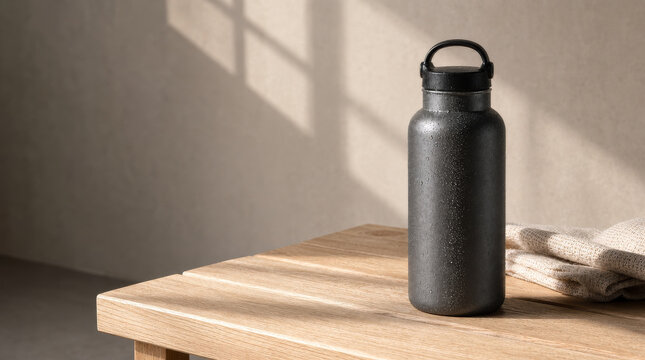 Dark grey matte steel water bottle with condensation on a wooden table