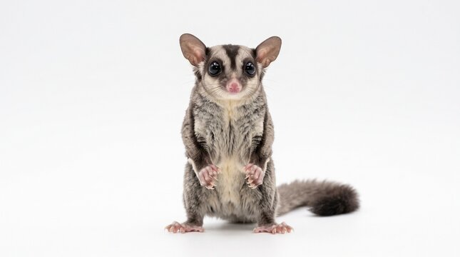"Sugar glider stands upright with wide eyes, gray fur and bushy tail, radiating nocturnal charm, agility, and exotic wonder of gliding mammals."