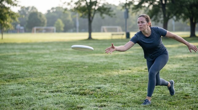 Athletic woman catching a white flying disc playing ultimate frisbee in a park