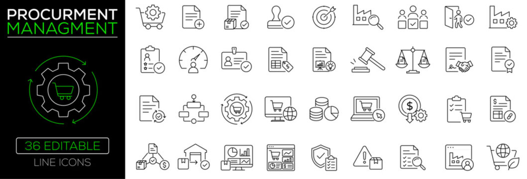 Procurement Management line icon set featuring supplier, sourcing, purchasing, vendor, contract, purchase order, supply chain, inventory, negotiation, editable stroke vector.