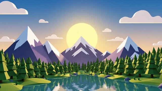 Low poly landscape with mountains lake and sunset.