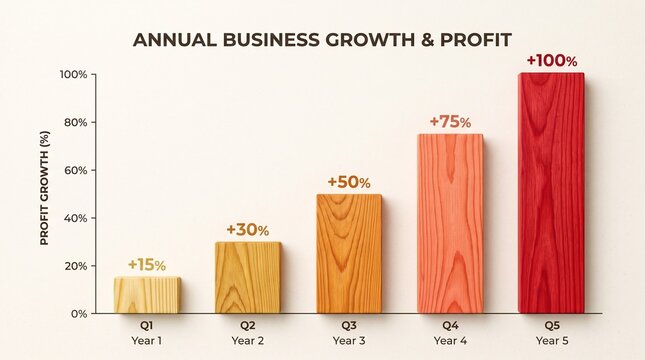 "Wood‑textured bar chart rises steadily across quarters, radiating annual business growth, profit progression, and visual representation of success in modern corporate analytics."