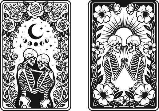 Skeleton lovers tarot card vector illustration featuring mystical occult designs with floral frames and celestial elements for gothic style artistic projects
