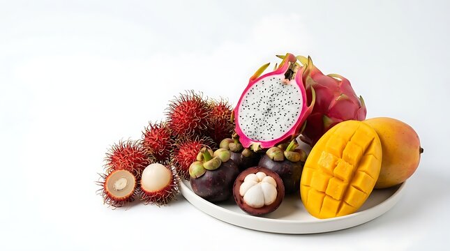 Assorted fresh tropical fruits including rambutan mangosteen dragon fruit and mango on a plate.