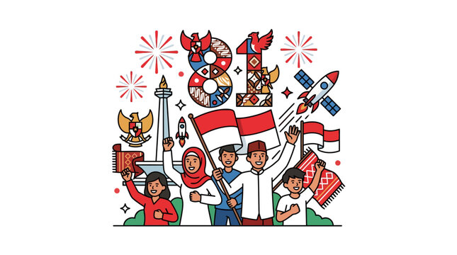 diverse indonesian people celebrate independence day with flags monas and garuda pancasila embodying national pride and unity.