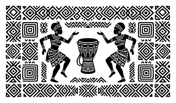 Tribal dancers with djembe drum surrounded by ethnic geometric patterns in traditional folk style