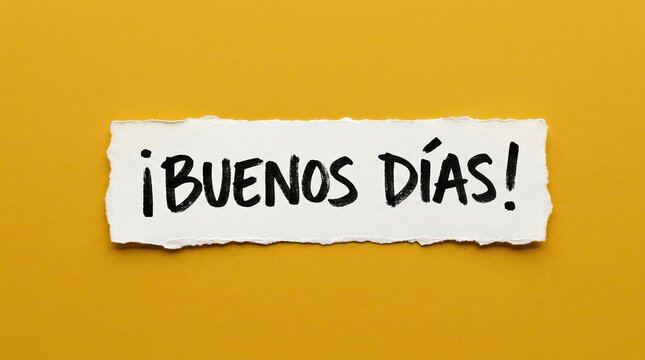 A torn piece of white paper with the spanish phrase buenos dias handwritten on a bright yellow background surface
