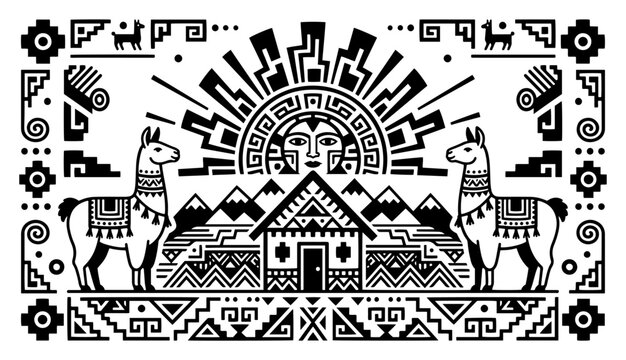 Andean village landscape with house sun and llamas in ethnic folk art style