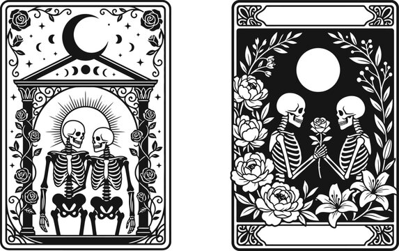 Detailed skeleton lovers tarot card vector illustration featuring mystical occult themes with floral elements and celestial moon symbols for gothic design projects