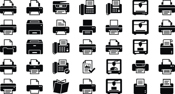 Office Printer and Office Hardware Silhouette Icon Set Featuring 3D Printers, Fax Machines, Document Scanners, Copiers, and Receipt Printing Devices