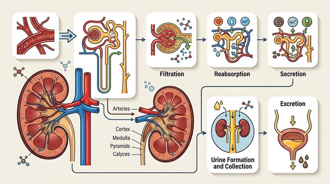 Anatomy of the human kidney and urine formation process infographic