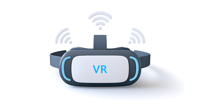 Minimalist virtual reality headset with wireless connection icons, representing immersive digital experiences and future technology on white background