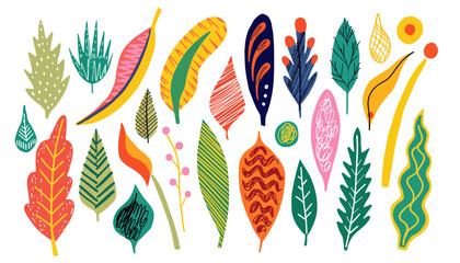 Vibrant hand-drawn flat vector collection featuring colorful leaves and abstract botanical elements in a modern artistic style © Aldos