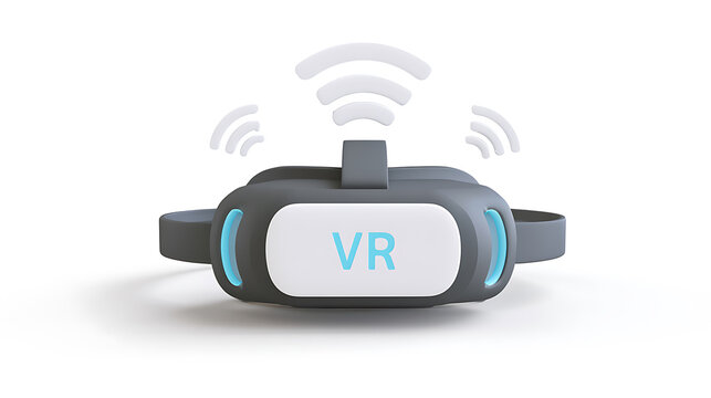 Minimalist 3D render of a virtual reality headset with wireless signal icons, representing immersive digital experiences and future technology