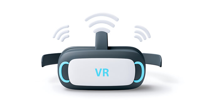 Modern virtual reality headset with wireless connectivity signals, represent future technology, immerse experience for gaming, education, and simulation