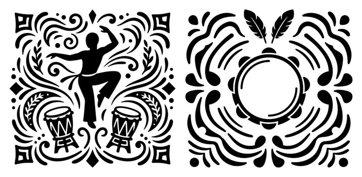 Capoeira dancer and traditional tambourine pandeiro with ornamental patterns in black and white folk style