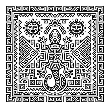 Lizard animal with ancient mayan patterns and sun symbols in tribal folk art style