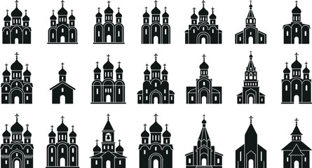 Eastern Orthodox Church and Cathedral Building Silhouette Icon Set Featuring Slavic Architecture With Onion Domes, Spires, Crosses, and Christian Religious Landmarks © MdAshik