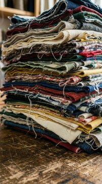 A vertical close-up of a high stack of colorful fabric remnants with frayed edges resting on a weathered wooden workbench