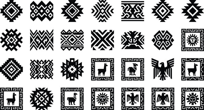 Native American and Inca Geometric Ornament Silhouette Set Featuring Tribal Llama, Aztec Eagle, Andean Sun Gods, and Traditional Indigenous Pattern Icons