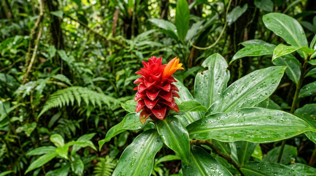 Vibrant red ginger flower blooming in lush tropical rainforest with dewdrops.