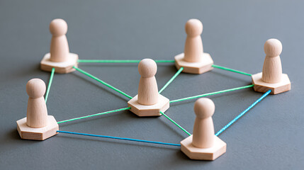 Obraz premium Abstract Representation of a Network: Wooden Figurines Connected by Threads on a Gray Surface, Symbolizing Connection, Teamwork, and Social Linkage