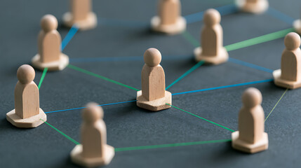 Obraz premium Abstract Representation of Business Connections and Teamwork: Wooden Figures Linked by Colorful Threads on a Dark Surface