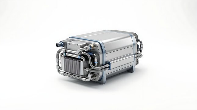 Industrial hydrogen fuel cell stack isolated on a white background.