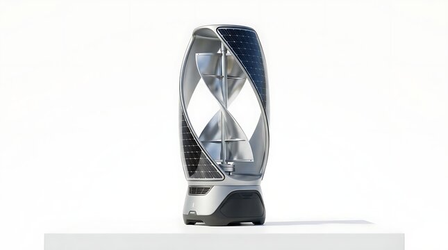 Modern vertical axis wind turbine with integrated solar panels for sustainable energy generation.