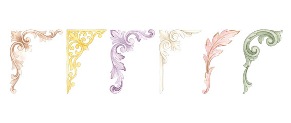 Fototapeta premium Vintage watercolor frame corner border set with ornate baroque acanthus leaf scrollwork elements for wedding invitation design, elegant certificate framing, pastel scrapbooking and decorative crafts.